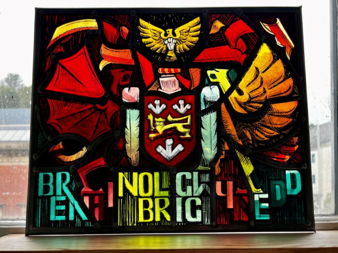 A colourful stained glass window.