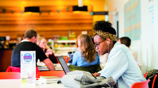 Student sitting down and looking at laptop