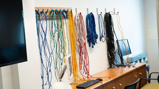 Loops of cable in different colours hanging from coat hooks on a wall.