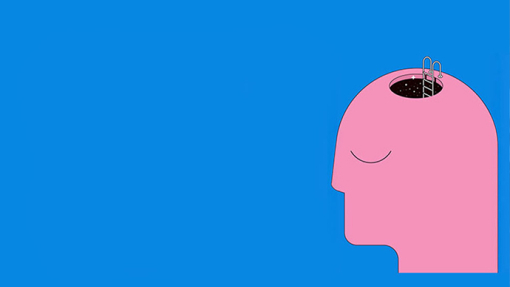 creative music technology pink face with a ladder going into the brain