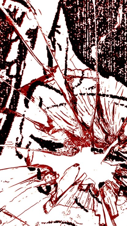Abstract image in crimson and white with lines like shattered glass.