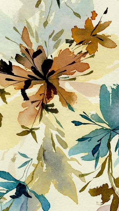 A contemporary watercolour showing a burst of flowers and leaves in browns, yellows and blues.