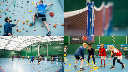 climbing wall, tennis, and hockey in the sports hall