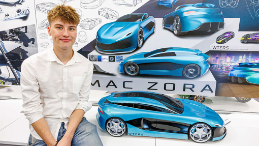 Automotive and Transport Design Summer Show Exhibition student next to work
