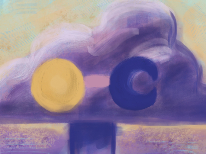 Surreal artwork showing a purple tree with a sun and a moon in its canopy; swirling brushwork overlays soft blocked-in colours.