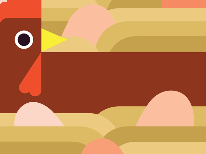 Digital art showing a chicken in a nest surrounded by eggs; the style uses few colours and simplified shapes, perhaps showing the influence of Flat Art.