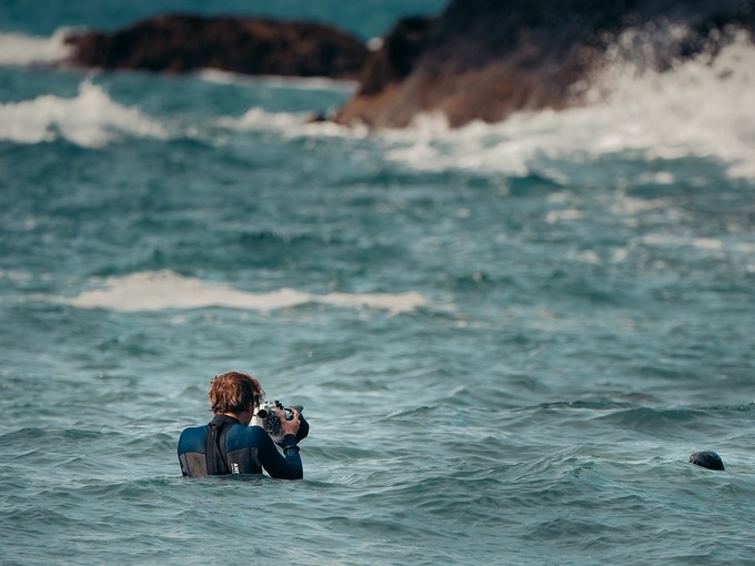 A young man in a wetsuit stands chest-deep in the sea, filming a seal which has stuck its head above the surface.