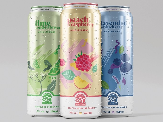 Design for three gin and lemonade drinks cans; slender 250ml cans dotted with water droplets; lime and elderflower uses shades of green; peach and raspberry in yellow and pinks, lavender and blueberry in blues and purple.