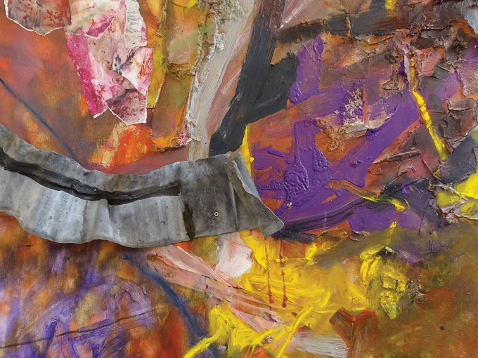 Paint in brown, yellow and green applied roughly to a board on which a piece of old grey tubing has been fixed.