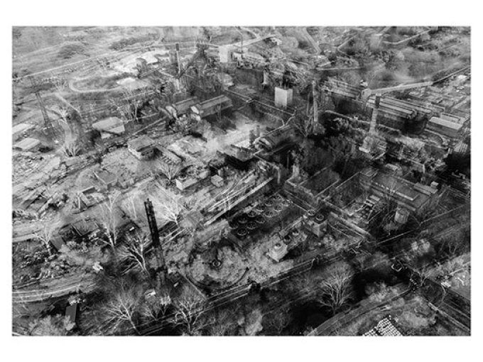 black and white image of an urban abandoned landscape