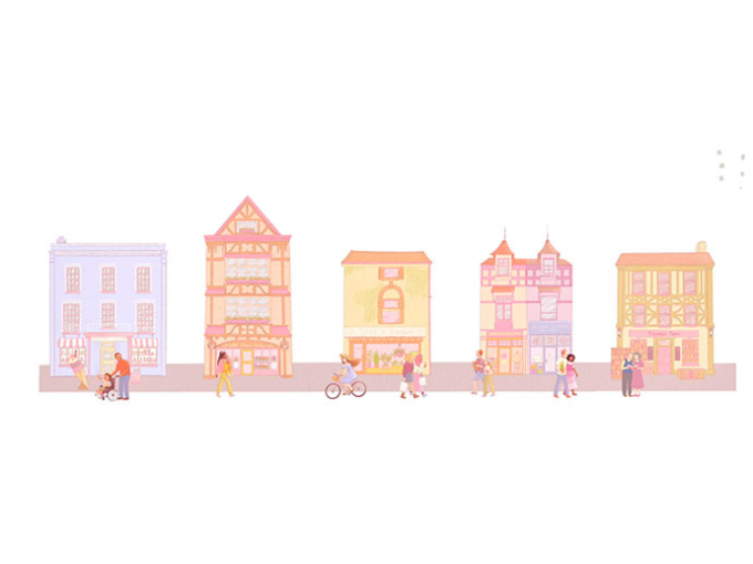 illustration of houses in a row with people riding bikes