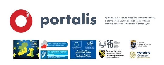 A collage featuring the logos of Portalis project, Ireland Wales programme, European Regional Development Fund, South East Technological University, UWTSD, Ceredigion County Council and Waterford Chamber.