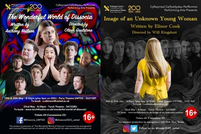 UWTSD performing arts presents poster for The wonderful world of Dissocia and Image of an Unknown Young Women.