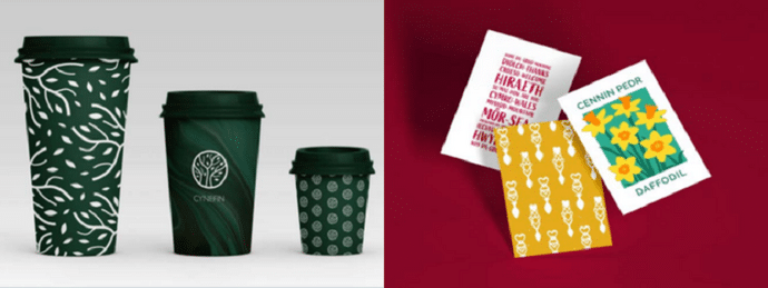 Examples of work of Cara Edwards: three green disposable coffee cups in three different sizes and three greetings cards.