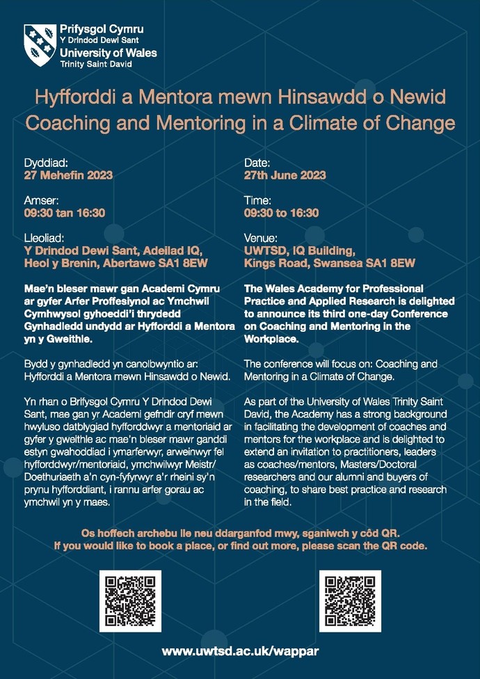 Bilingual (English and Welsh) poster advertising the conference 'Coaching and Mentoring in a Climate of Change', organised by the Wales Academy for Professional Practice and Applied Research.