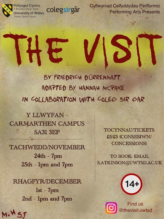 Poster The Visit – nodir y dyddiad, amser a phris ar ddiwedd yr erthygl.