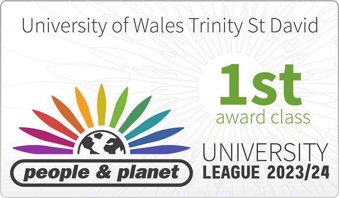 Graphic with the text: University of Wales Trinity Saint David, 1st Award Class, people and planet university league 2023/2024.