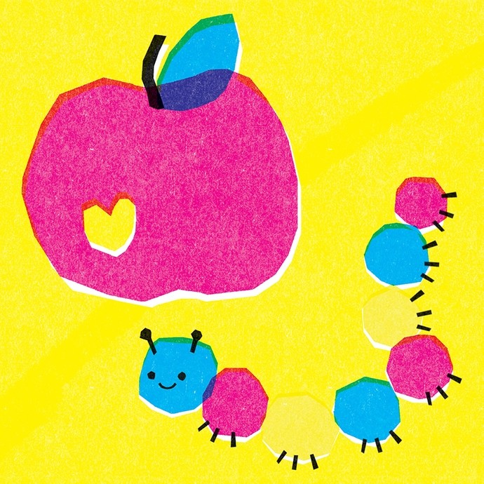 Colourful digital art showing the influence of papercut; a pink apple with a small heart cut out sits above a smiling blue and pink caterpillar; the background is yellow. 