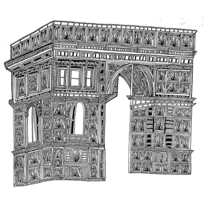 Detailed ink line drawing showing an arch or gateway covered in patterned tiles.  