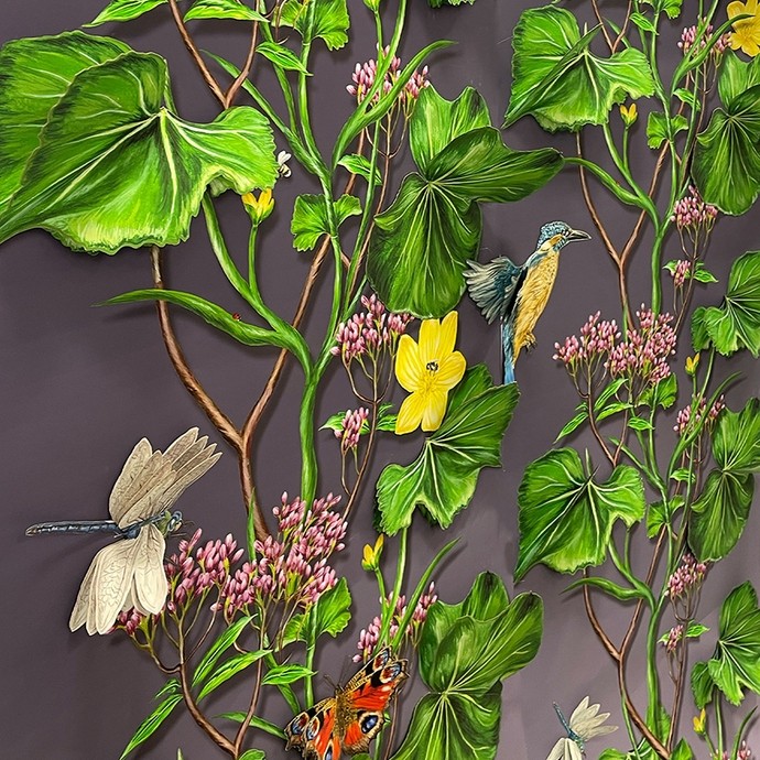  Three-dimensional stitched wallpaper showing flowers, leaves, birds and insects.