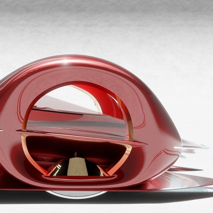 Computer design: a close-up on a red arch of metal protruding up from a car body like a reflection of the wheel. 