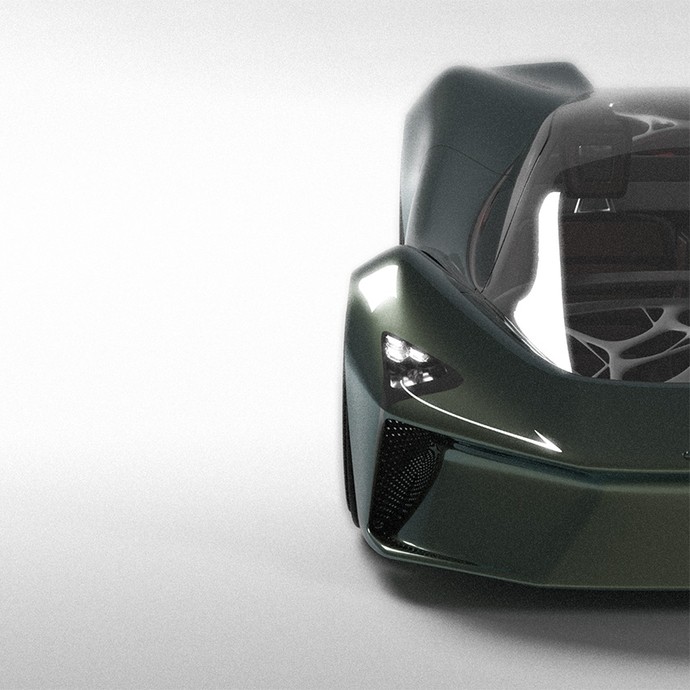 Computer design: view into a futuristic bubble-like car with a bottle green body. 