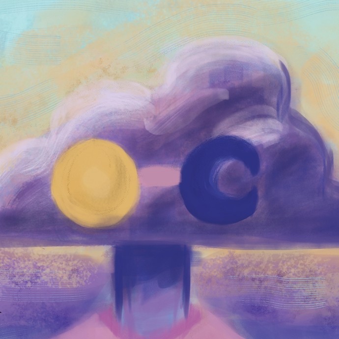 Surreal artwork showing a purple tree with a sun and a moon in its canopy; swirling brushwork overlays soft blocked-in colours. 