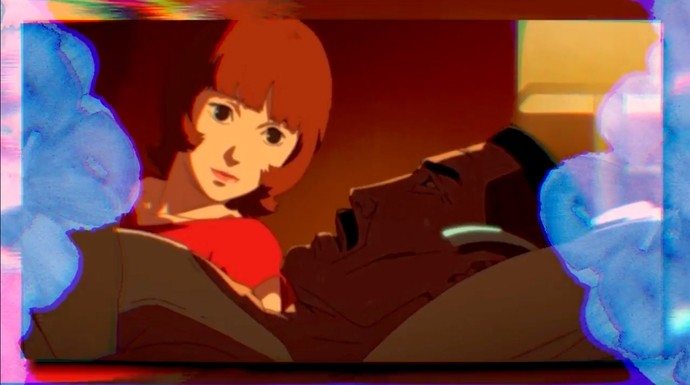 Anime still showing a young woman looking towards an older man lying on a bed; translucent blue flower petals extend out from the sides of the image.