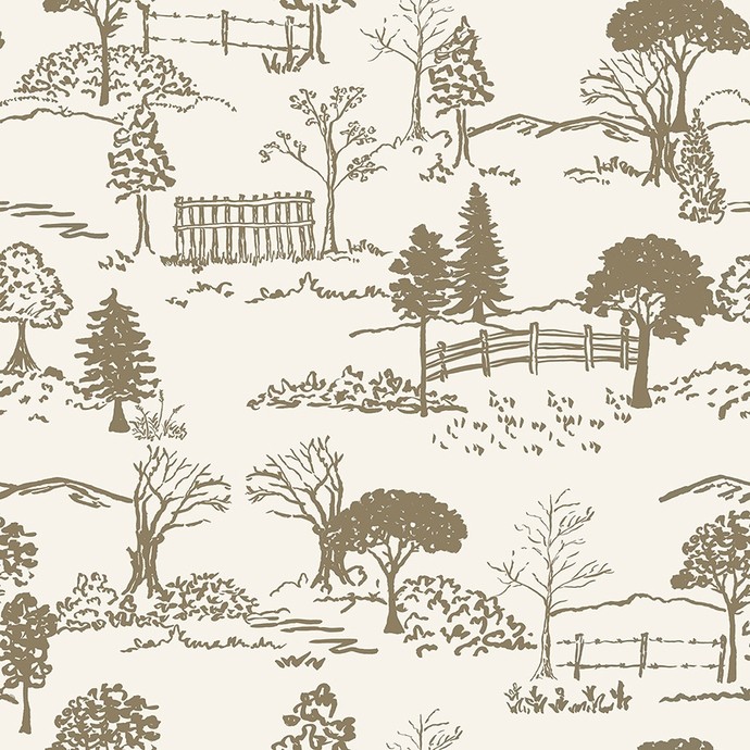 A printed design of brown on cream showing trees, bushes and fences. 