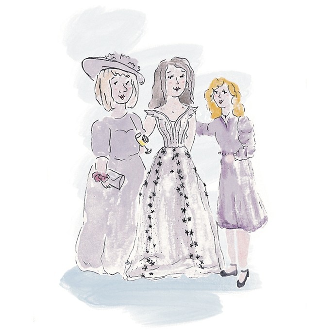 An ink-and-watercolour illustration of three women in smart frocks.