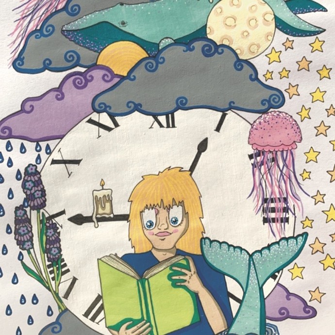 A pen illustration showing a yellow-haired young human with oversized eyes reading a book; a fishtail, a large clockface with Roman numerals, clouds, stars, and bluebells all appear in the background.