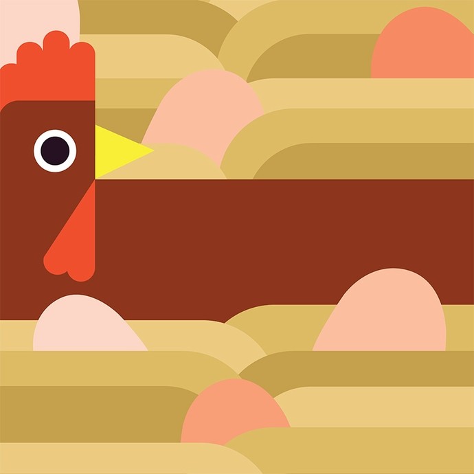 Digital art showing a chicken in a nest surrounded by eggs; the style uses few colours and simplified shapes, perhaps showing the influence of Flat Art.