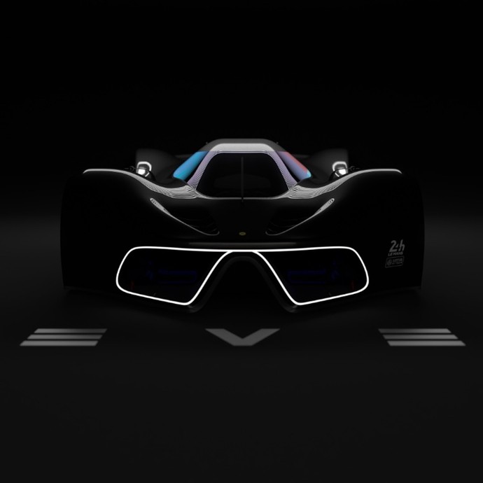 Computer design: a view from the front of a black sportscar on a black background.