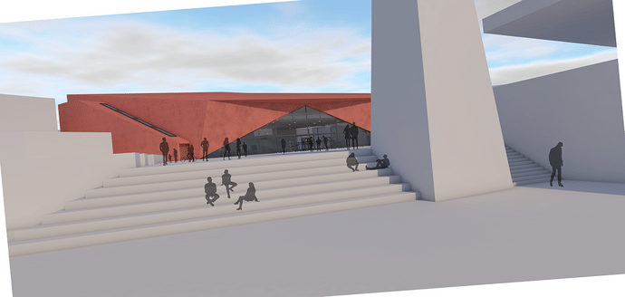 A digital design of a grey concrete concourse with steps leading up to a modern one-storey building with red cladding and a large central triangular window; the silhouettes of humans sit or walk along the concourse. 