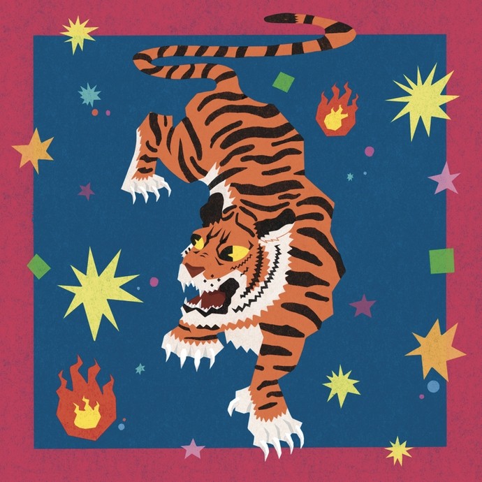 Paper-cut style illustration of a tiger set against a dark blue background interspersed with little explosions and stars; the front paw and tail of the tiger overlap the edge of its square frame.
