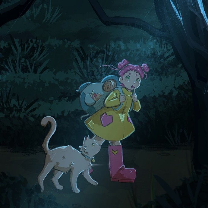 Digital art: at night in a forest, a pink-haired girl wearing a yellow coat puts her finger to her lips; a white cat walking beside her looks nervous.  
