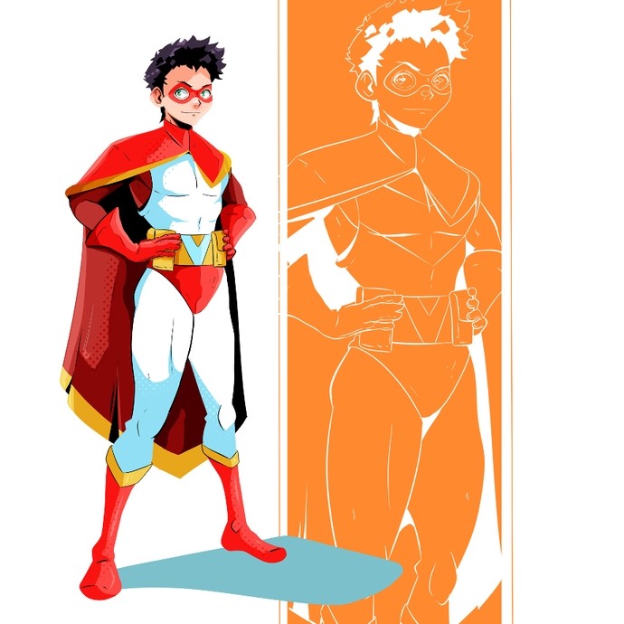 Digital art: a young male superhero in a white suit and red cape in a style showing influences from comic books and anime; to his right is a larger reproduction of the superhero as a white line drawing on an orange background.