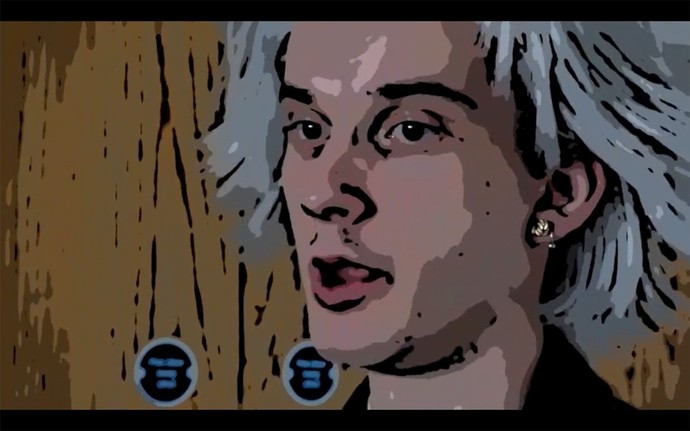 A film still of a young man with grey hair; the still has been filtered so that has a simplified colour range similar to an animation. 