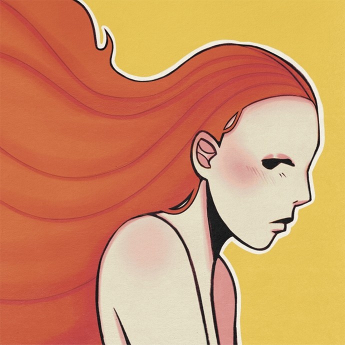 Illustration of a young woman with flowing red hair.