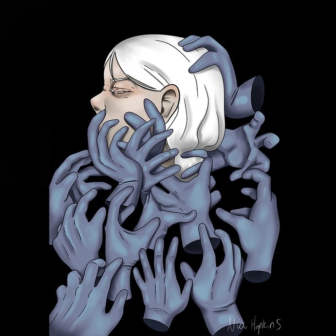 Digital art: over a dozen disembodied blue-grey hands reach towards or grip the head of a blonde young woman. 