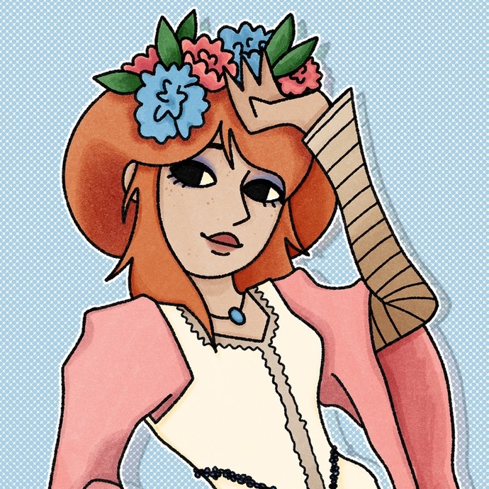 Digital art: a young woman with flowers in her red hair and a neo-medieval long-sleeved dress. 