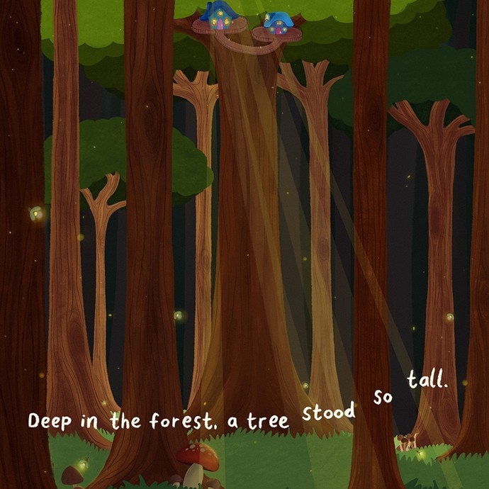 Digital art: tall bare tree trunks at night with two small blue houses nestling on platforms below the canopy; text reads Deep in the forest a tree stood so tall.