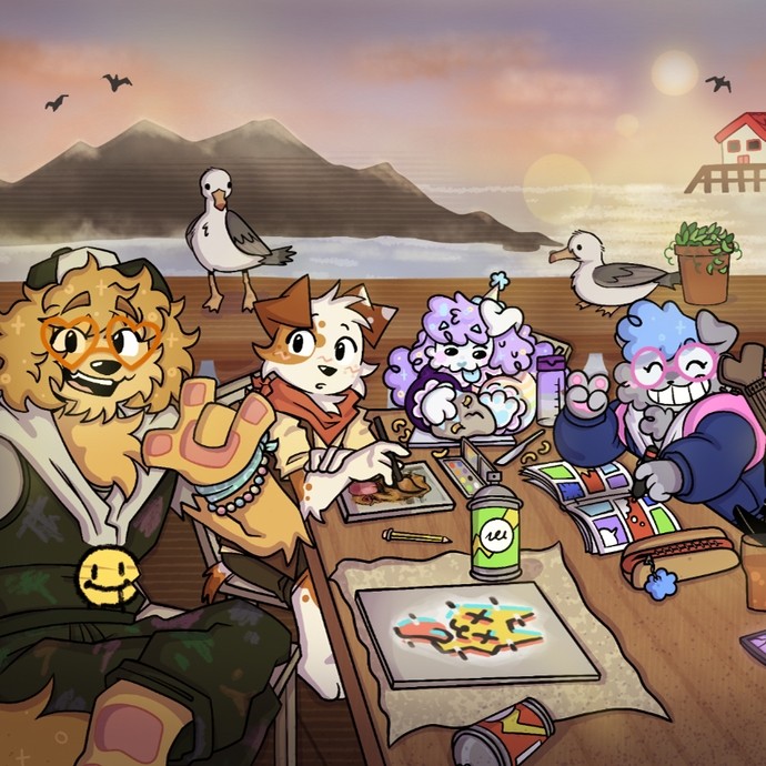 Digital art: happy anthropomorphized animals sit round a table by the sea; the table is laden with art materials including sketchbooks and paints; two seagulls watch from the background. 