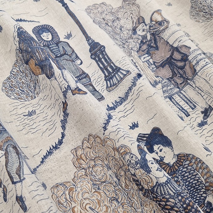 This sample of patterned fabric in design is reminiscent of traditional Chinese painting and porcelain, but the figures it depicts – pierrots, an Inuit woman, a man in European early modern dress playing a horn – are diverse. 
