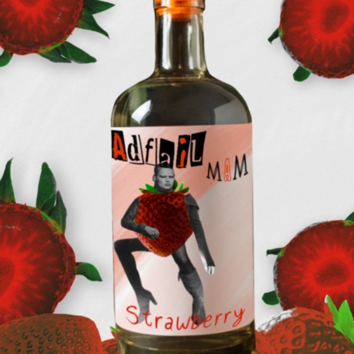 Digital art: a bottle of gin with the label reading Adfail Mam Strawberry and showing a woman in stiletto-heeled boots, her body replaced by a large strawberry.