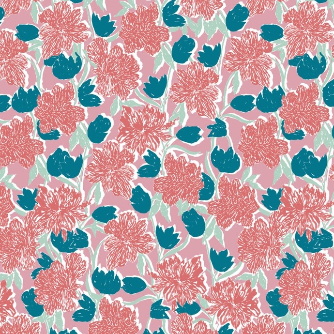 Pink wallpaper patterned with red flowers and pale green and turquoise leaves.