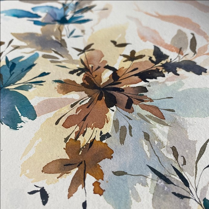 A contemporary watercolour showing a burst of flowers and leaves in browns, yellows and blues.