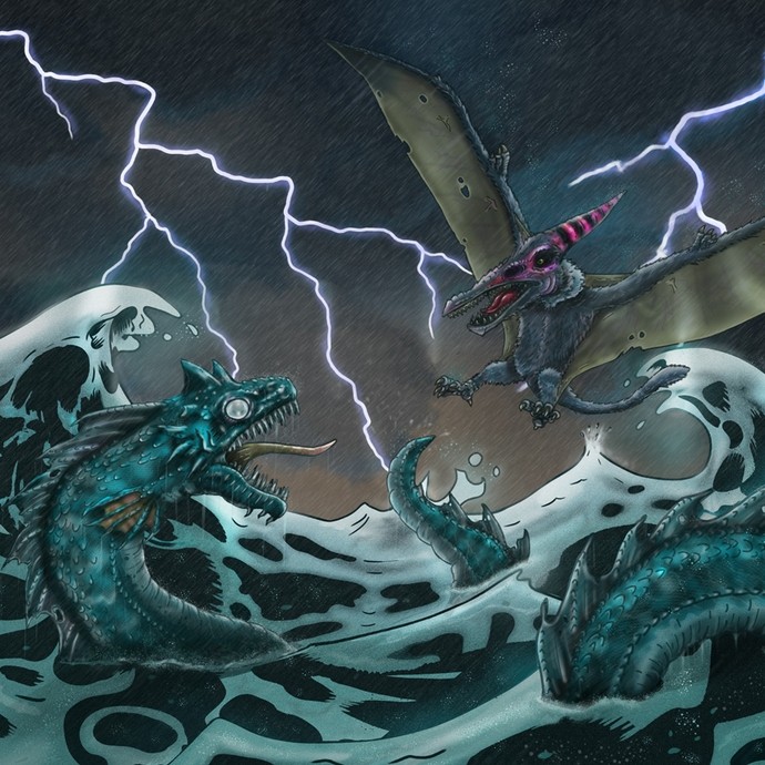 Digital art: in a lightning storm at sea, a monstrous sea snake hisses up towards a furry pterodactyl.  