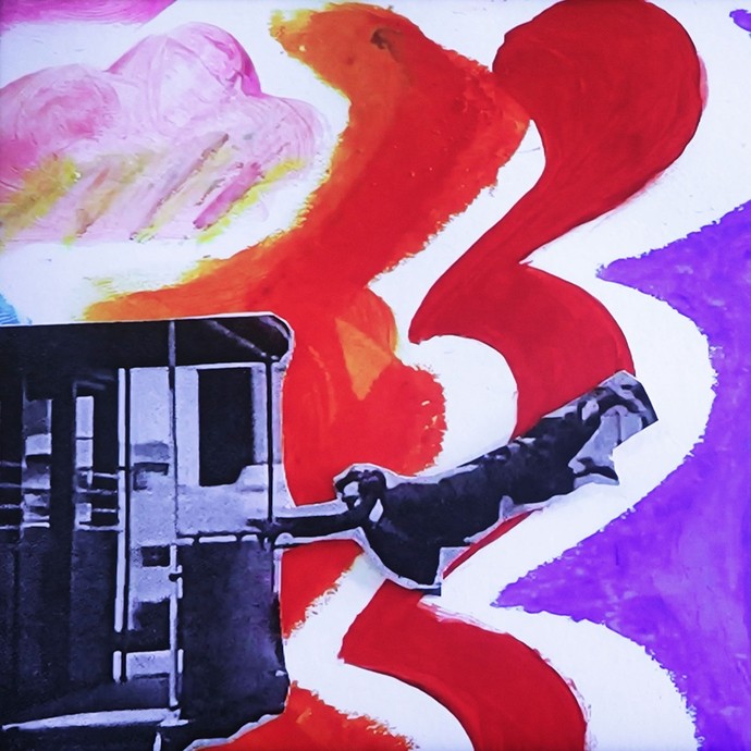 Mixed media piece with a large background painted with different coloured squiggles; in the foreground on the left a snippet of a vintage photo showing a man flying behind a streetcar.