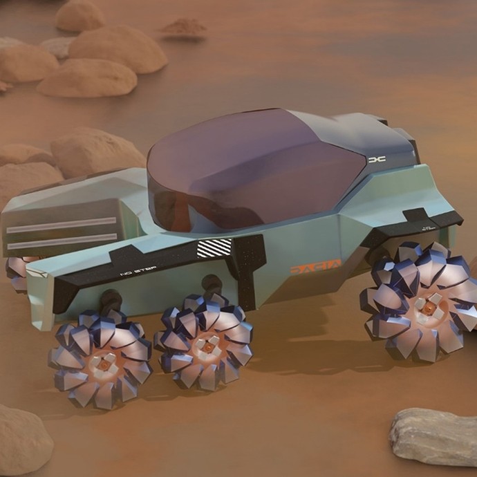 Computer design: a vehicle with high ground clearance, three large blocky wheels on the side facing the viewer, a dark transclucent screen covering the driver, and a bonnet divided in two with a gap in the middle like a catamaran; it is in a rocky desert landscape.